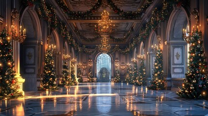 Fototapeta na wymiar Christmas set of a fairytale ballroom in the king's castle background for theater stage scene