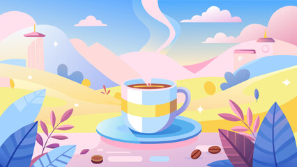 Serene Cityscape Coffee Break Illustration with Pastel Colors