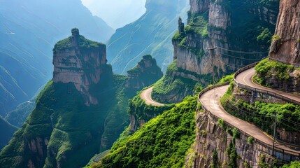 A winding mountain road clinging to the edge of sheer cliffs, offering breathtaking views and heart-pounding thrills for adventurous travelers. - obrazy, fototapety, plakaty
