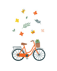 Cute bicycle vector illustration. Red city bike clipart on white background - obrazy, fototapety, plakaty