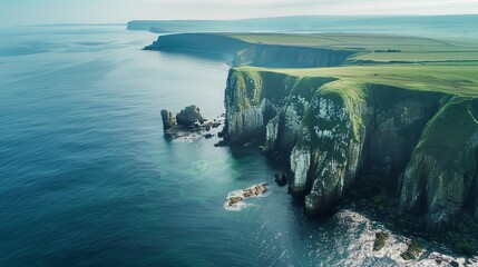 Aerial view of dramatic cliff formations along a rugged coastline, where land meets sea in a stunning display of geological grandeur.
