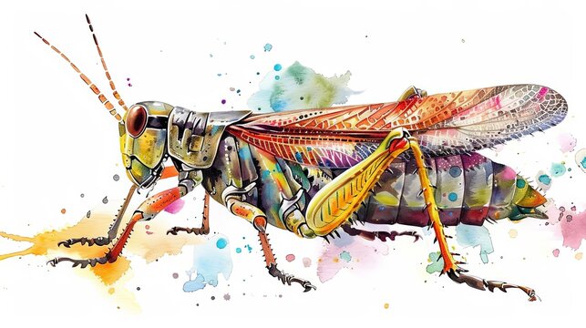 Colorful watercolor style illustation of cricket in vivid multicolor isolated