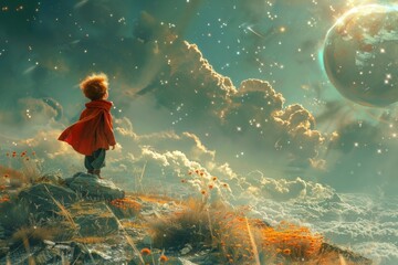 Little Prince visiting different planets, each with its own unique landscape and inhabitants.  - obrazy, fototapety, plakaty