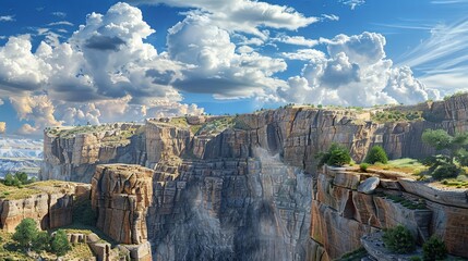 Majestic cliffs rising steeply against a backdrop of blue sky and clouds, creating a breathtaking...