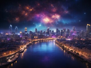 Mesmerizing cityscape unfolds under sky painted with hues of galaxy, where stars, nebulae cast their ethereal glow. Skyscrapers, illuminated in dance of lights, reach towards heavens.