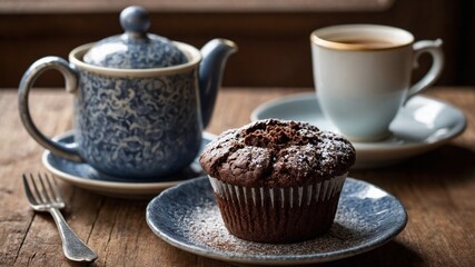 Freshly baked chocolate muffin, sprinkled with powdered sugar, sits invitingly on blue ceramic plate. To left of this delightful pastry, silver fork rests, ready to be used. Behind muffin.