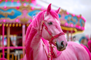 Pink horse portrait on a fair