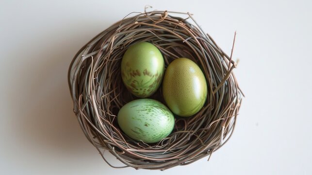 Symbolic representation of three green eggs in a bird s nest on a white backdrop conveying a message of future environmental commitment