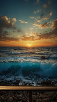 Mesmerizing sunset paints sky with warm hues of orange, yellow, casting golden glow that illuminates scattered clouds drifting lazily above. Below, restless sea, mix of deep blues, greens.