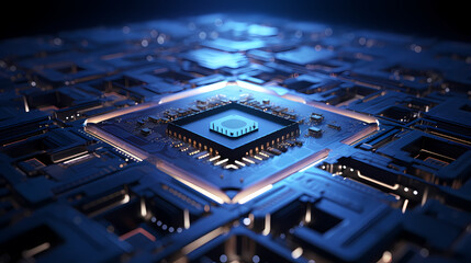 3D rendering of blue chip on circuit board background