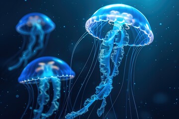 3D rendering of transparent jellyfishes swimming in a dark blue ocean background