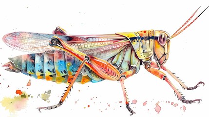 Grasshopper isolated on white design in vivid watercolor - obrazy, fototapety, plakaty