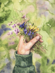 Watercolor drawing. A hand with wildflowers