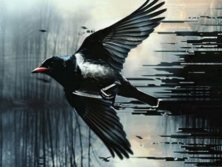 Fototapeta premium A dark crow flies through a glitchy, corrupted forest.