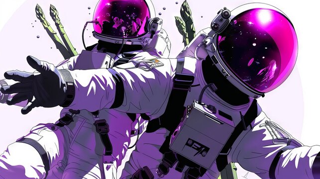 Astronauts in space with purple helmets and asparagus