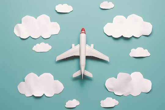 Toy airplane flying among white cloud cutouts on light blue background, playful and dreamy