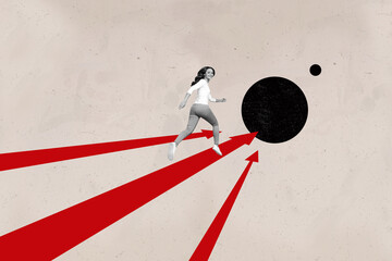 Collage image artwork of funny charming woman running fast isolated on drawing background