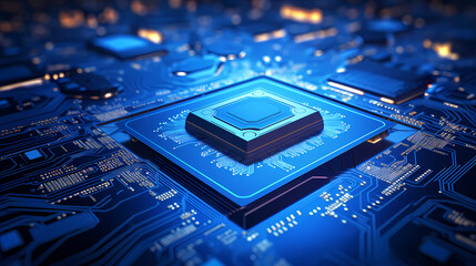 3D rendering of blue chip on circuit board background