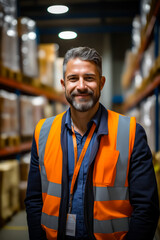 Man in warehouse wearing safety vest and smiling.