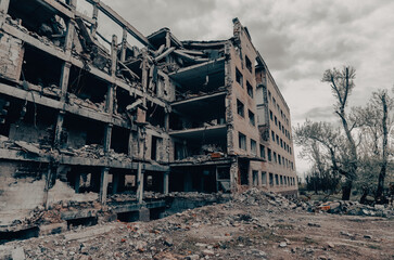 destroyed school building in Ukraine