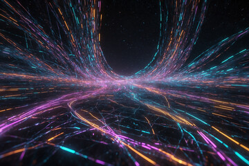 Interstellar Data Stream: A vivid visualization of data passing through multiple dimensions, with neon lights representing the transmission of information through space-time. - obrazy, fototapety, plakaty