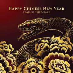 Golden Snake with chinese flower illustration, chinese horoscope zodiac sign, year of the snake 2025