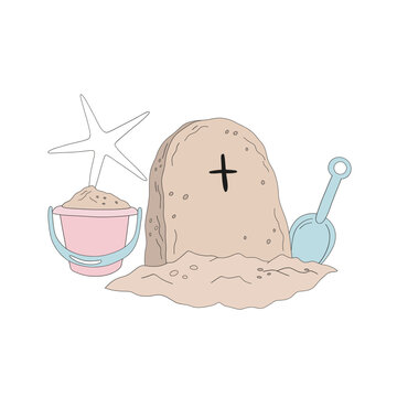 sandcastle beach scene with bucket and shovel clip art preview