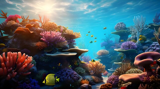 vibrant fish swimming around stunning underwater coral formations and marine life. Vibrant underwater scene, background image An incredible underwater scene full of colorful coral reefs, unusual anima