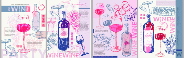 Wine background set. Bright party invitation, flyer, menu list, winery, tasting design. - obrazy, fototapety, plakaty