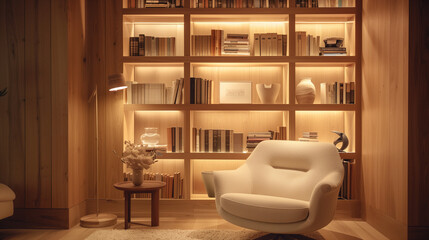 Fototapeta na wymiar A reading nook with a plush cream-colored armchair, a built-in oak wood bookshelf displaying neatly arranged books and decorative vases, illuminated by a slim floor lamp.
