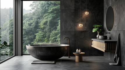 A bathroom with charcoal gray slate tiles, a deep soaking tub with a bamboo tray holding spa essentials, and a vanity featuring a stone basin and sleek black fixtures. - obrazy, fototapety, plakaty