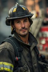 Close-up of a focused firefighter with a helmet, ready for emergency response