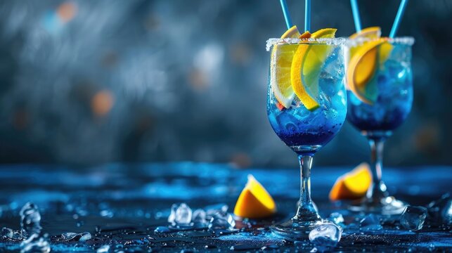 horizontal banner, National Day of Sweden, Swedish flag, elegant citrus alcoholic cocktails with lemon and mint on the background of a painted wall, copy space, free space for text