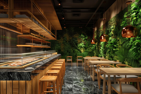 Sleek marble sushi bar with bamboo accents, dimmed lighting highlighting copper hanging lamps, lush greenery walls, and minimalist wooden furniture.