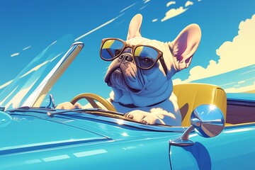 french bulldog wearing sunglasses driving in a blue convertible, with a tan leather interior. 