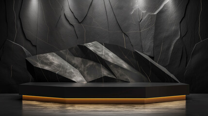 Empty prominent display pedestal turned into dark and gold geometric Stone and Rock shape background