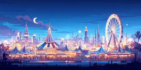 Carnival background with circus tents, a Ferris wheel and city skyline at night.  - obrazy, fototapety, plakaty