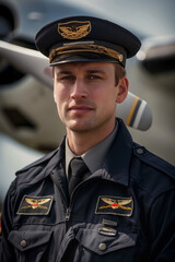 Obraz premium Young male pilot in uniform looking at the camera with a small aircraft blurred in the background