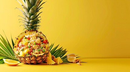 Khao Pad served inside a hollowedout pineapple with chunks of juicy fruit mixed in with the rice, vegetables, and protein Sunny yellow background with a side copy space