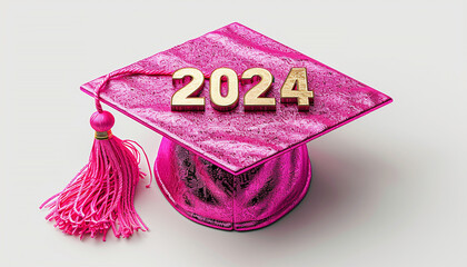3D realistic Graduation university or college Pink cap isolated on white background. Graduate college, high school, Academic, or university cap. Hat for degree ceremony. 3D illustration. 2024