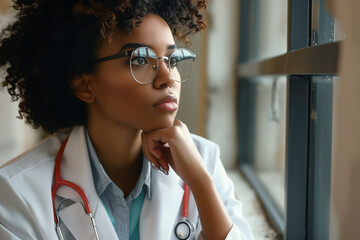 Candid shot of a female doctor in a moment of contemplation, symbolizing the depth of her expertise.