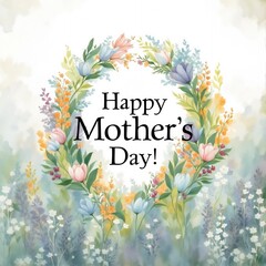 Happy Mother's Day lettering with a spring floral frame on a flowers watercolor background 