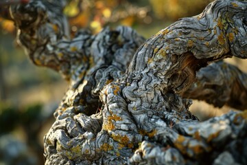 This image features a close-up view of a twisted, ancient vine blanketed in lichen. The intricate texture and warm lighting emphasize the natural beauty and complexity of the vine.