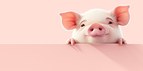cute pig sitting on the edge looking at camera, pink background, copy space concept