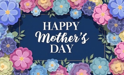 Colorful blooming flowers with the white words "Happy Mother's Day" written on card,  marine blue background