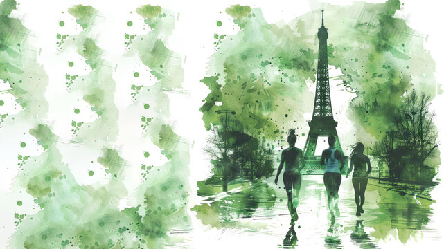 Green watercolor paint of runners athlete exercise by eiffel tower
