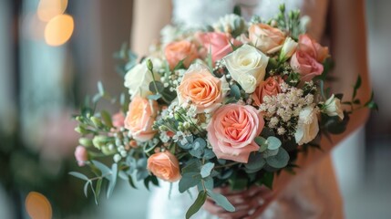 Elegant Bridal Bouquet with Delicate Roses and Greenery Held by Bride