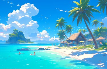 Fototapeta na wymiar Anime style beach with palm trees and huts on the shore, blue sky, turquoise water, beach in front of jungle island