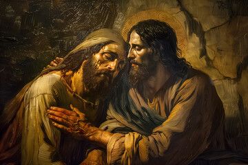 Jesus gently touches Lazarus' shoulder, a moment filled with divine reassurance and profound significance.