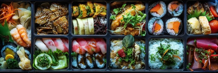 A vibrant array of Japanese sushi and sashimi delicacies arranged meticulously in a bento box showcasing the diversity and culinary art of Japanese cuisine - obrazy, fototapety, plakaty